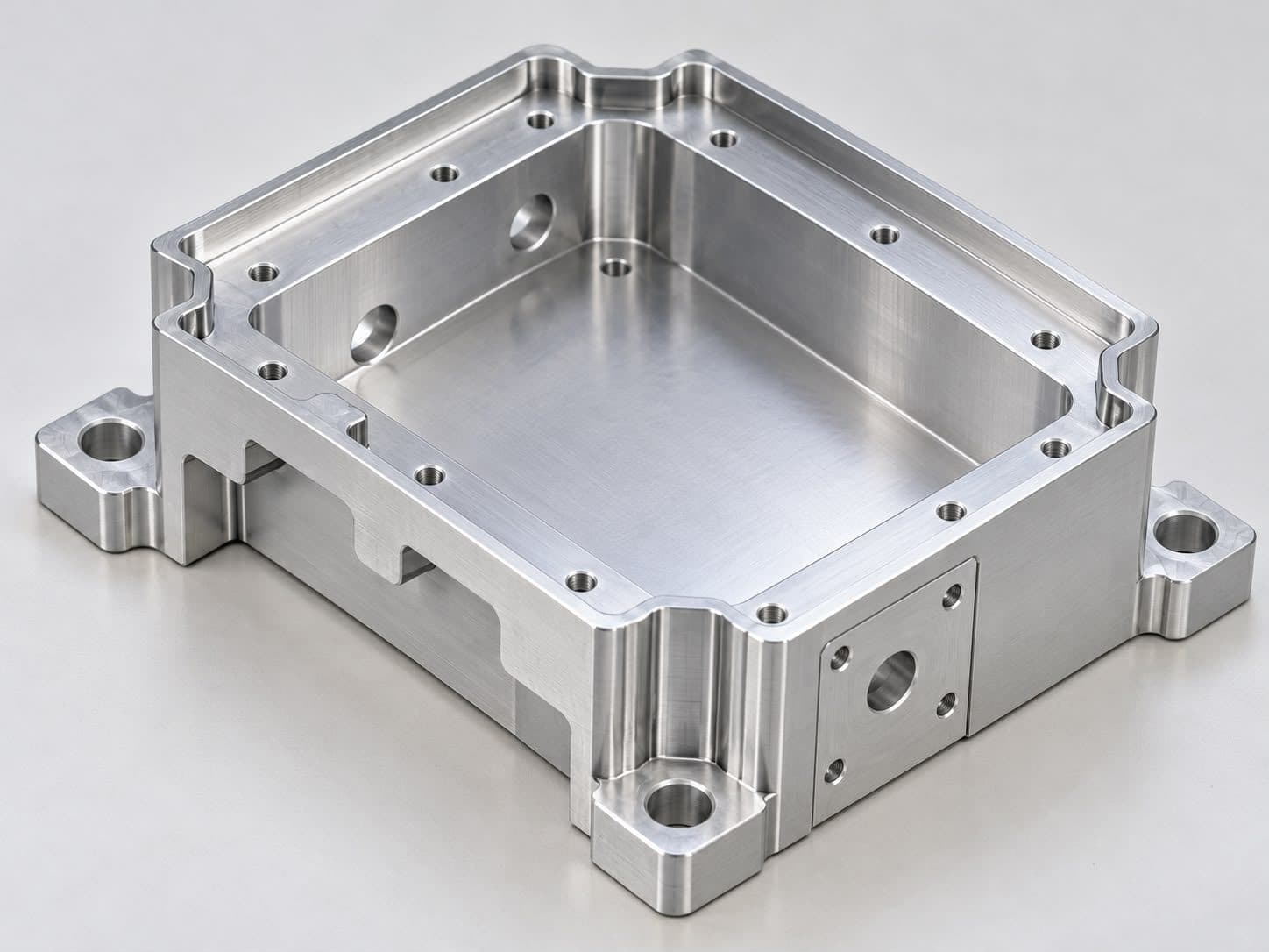 Rectangular machined enclosure with a stepped rim, drilled mounting flanges at each corner and a square connector face on one side.