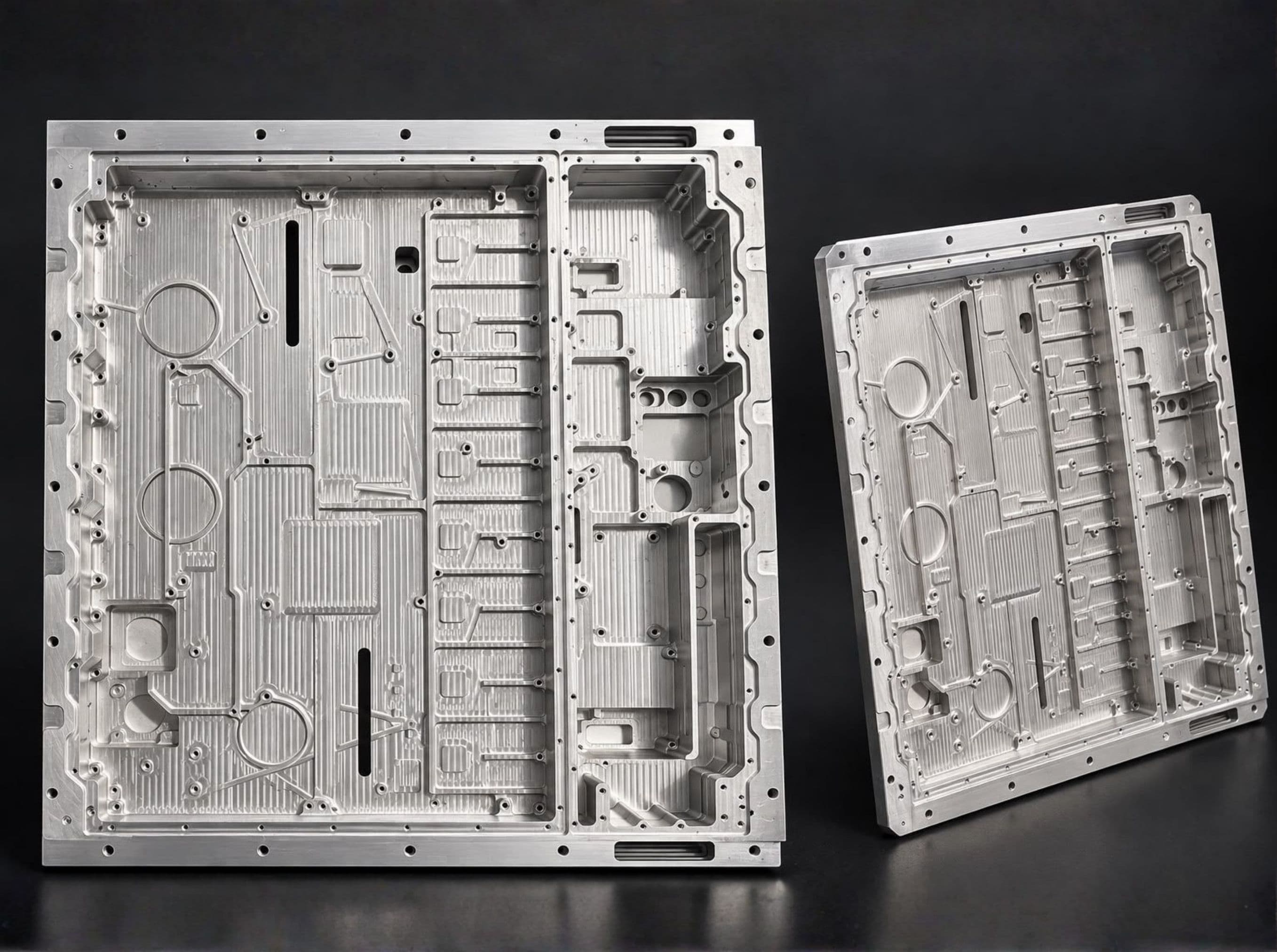 Two large machined housings with many pockets, channels and drilled mounting holes, one standing behind the other.