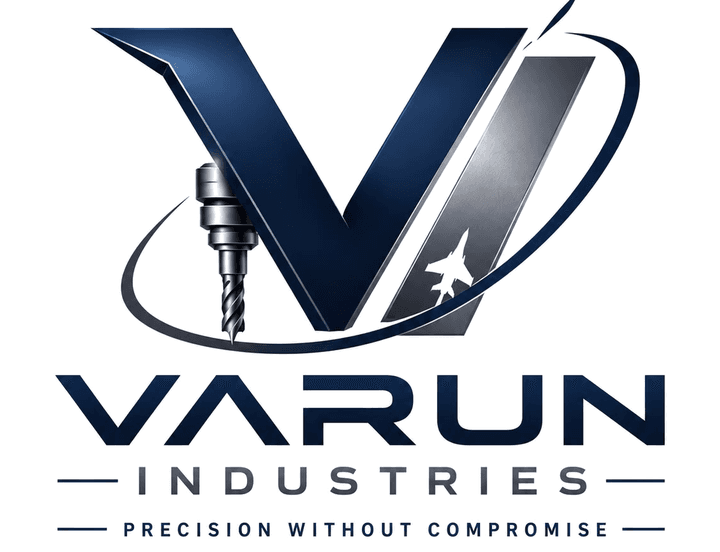 Varun Industries logo: a navy and silver V with a milling cutter, aircraft and rocket, and the words Precision Without Compromise